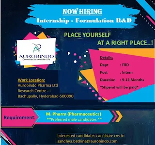 Internship for Formulation Research Development in Aurobindo Pharma