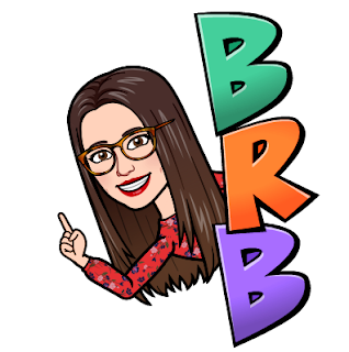 Miss Lawrence's bitmoji avatar, a woman with long brown hair and big glasses, beside the letters BRB, standing for 'be right back'. 