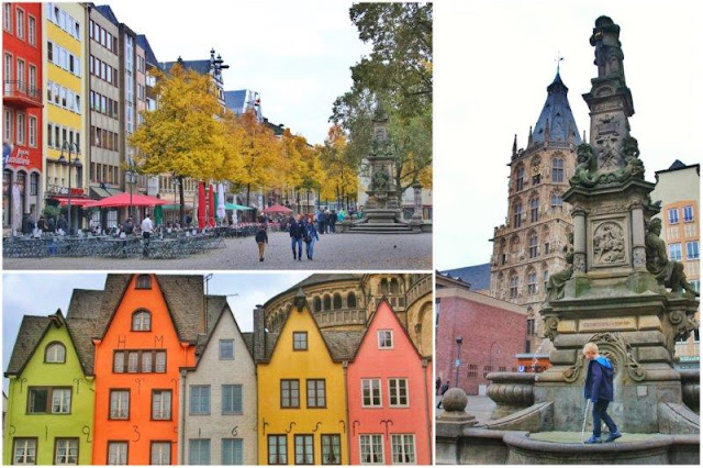 Calles y plazas en Colonia Koln – Coloridas casitas frente al rio Rin 