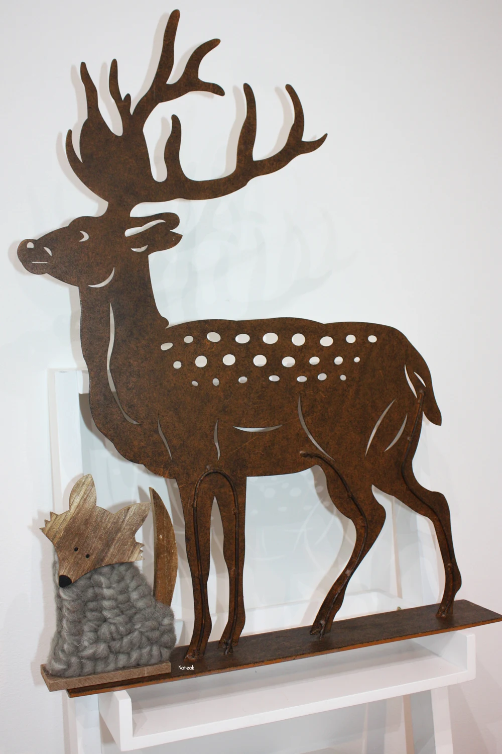 décoration cerf en métal  et renard bois et laine