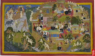 Monkey spies reconnoitre the great fortress city of Lanka, while on each side the generals hold councils of war. Illustration to the Ramayana, c. 1709. British Museum. London.