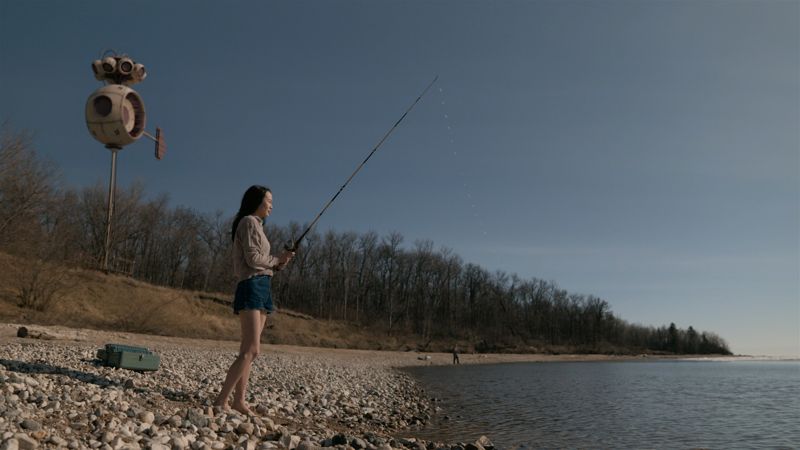 Actress fishing in the lake