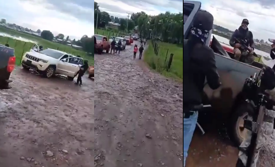 Video: 15 Camionetas llenas de Sicarios, con equipo táctico y gorras con camuflaje: una madre pasa con su bebe en brazos caminando como si nada