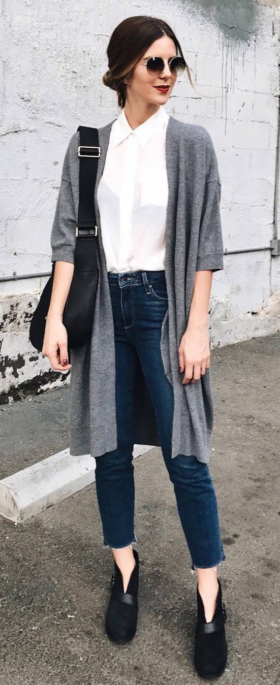 office style addict: grey cardi + white shirt + bag + jeans + boots