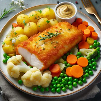 Auf dem Bild ist ein Teller mit Hamburger Pannfisch und Salzkartoffeln und Erbsen, Möhren und Blumenkohl zu sehen. Die Mahlzeit sieht deftig, lecker und appetitlich aus.