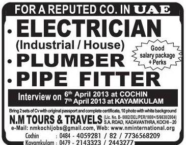 Electrician, Plumber, Pipe Fitter for UAE