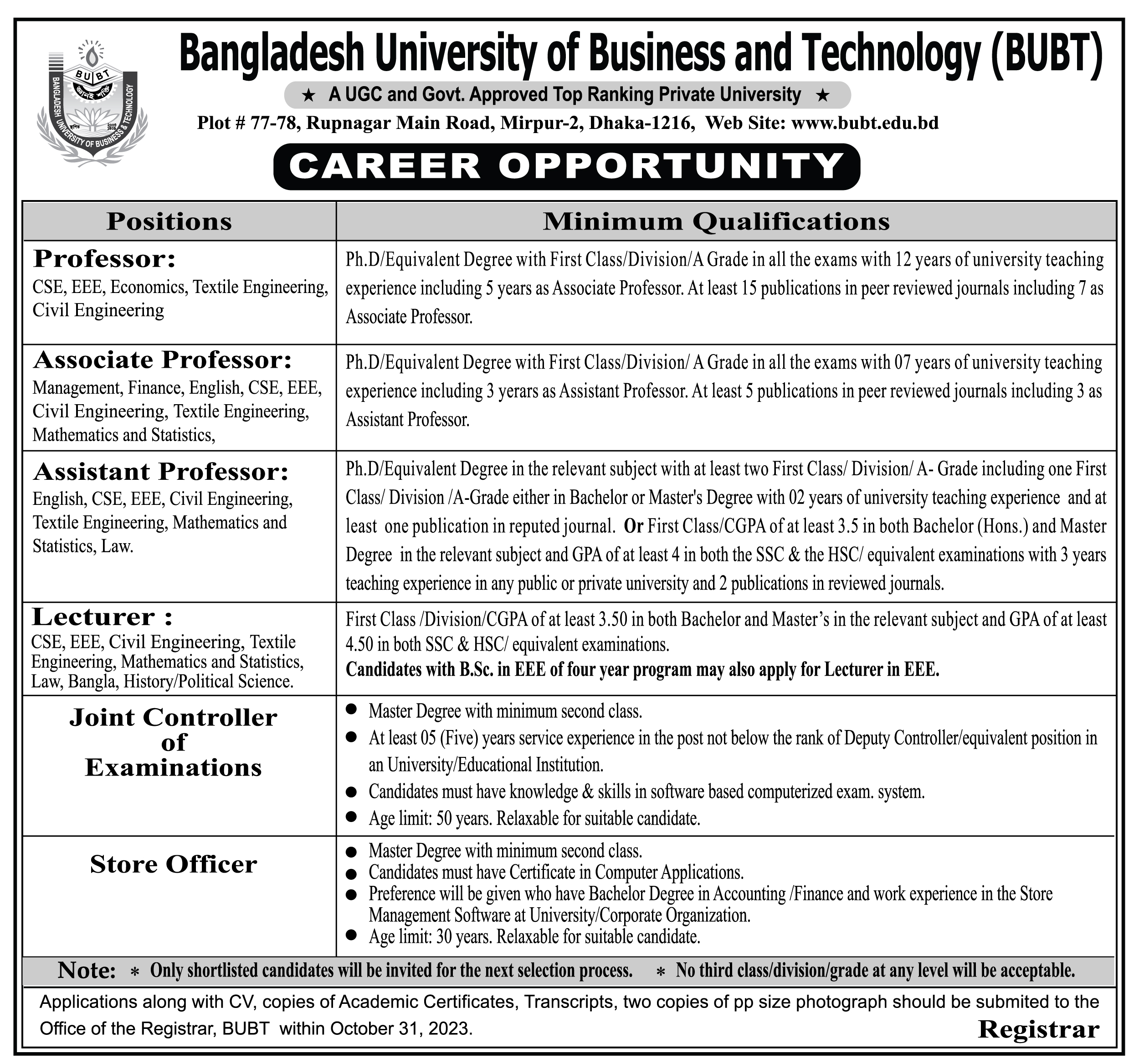 Bangladesh University of Business and Technology (BUBT) will recruit Teachers in Department of Law