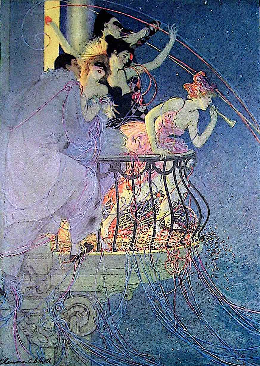 an Elenore Plaisted Abbott illustration of partiers with confetti on a balcony at night