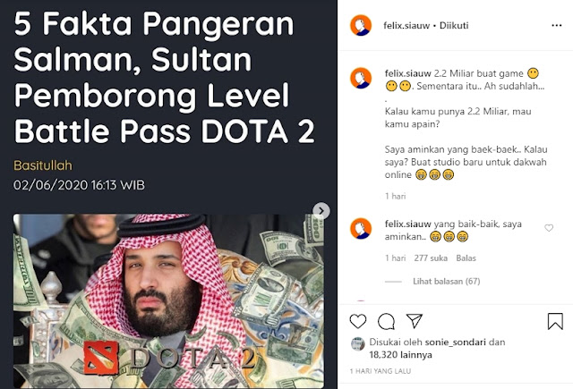 Ustadz Felix Siuw Meminta Maaf terkait postingannya yang merupakan capture dari laman https://esports.id yang berjudul "5 Fakta Pangeran Salman, Sultan Pemborong Level Battle Pass DOTA 2"