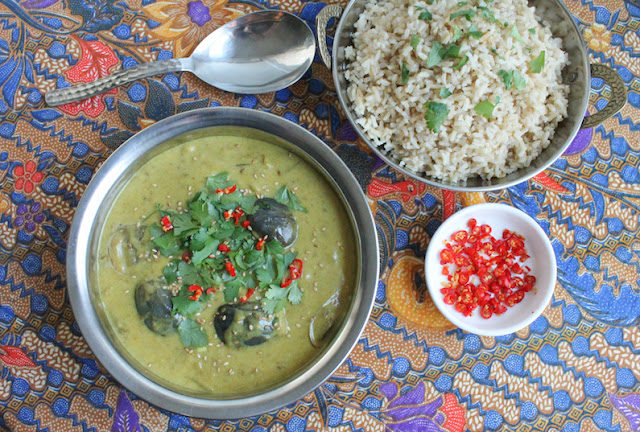 Food Lust People Love: This baby eggplant curry is spicy and warming, the perfect dinner on cold night or even a hot one! Serve with brown or white rice to complete the meal.