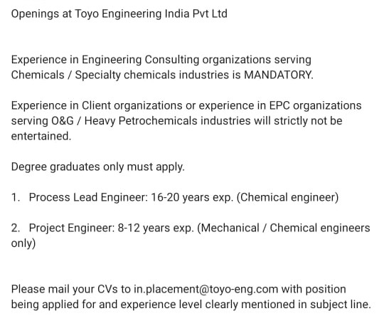 Job Availables, Toyo Engineering Job Opening For Experienced Process and Project Engineer