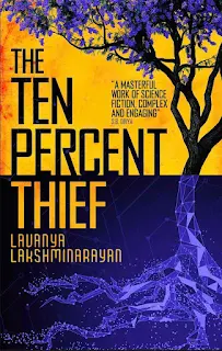 Cover of The Ten Percent Thief (an organic looking purple tree is  silhouetted against a yellow sky, but it's roots transform into a digital network)