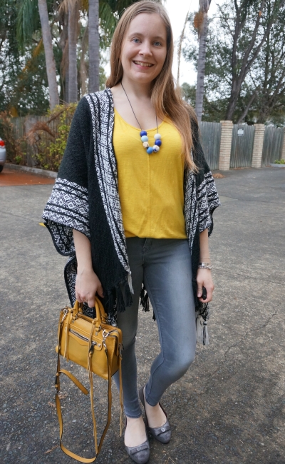 Rebecca Minkoff ruana poncho with grey skinny jeans mustard tank and bag dinner outfit | awayfromblue