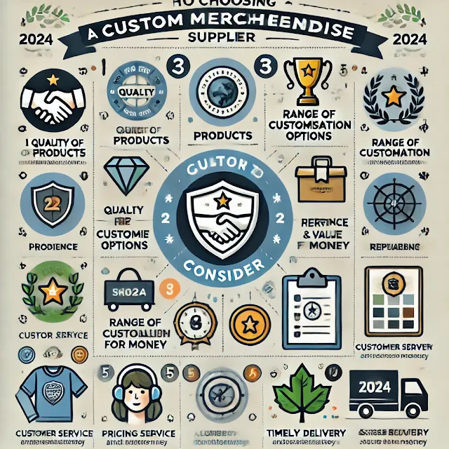 image illustrating the key factors to consider when selecting a custom merchandise supplier in 2024