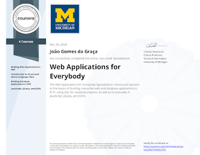 Certificado, Web Applications for Everybody Specialization by University of Michigan on Coursera