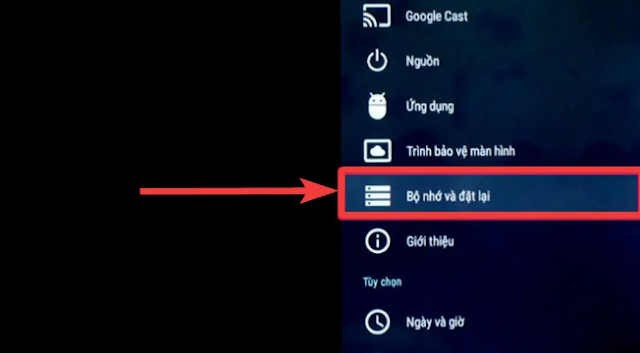 Hình ảnh chọn Bộ nhớ và đặt lại trên tivi