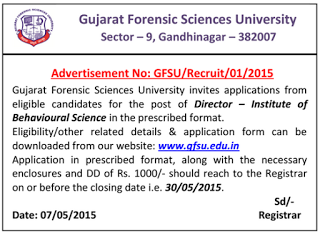 Gujarat Forensic Science University (GFSU) Director Posts Recruitment 2015