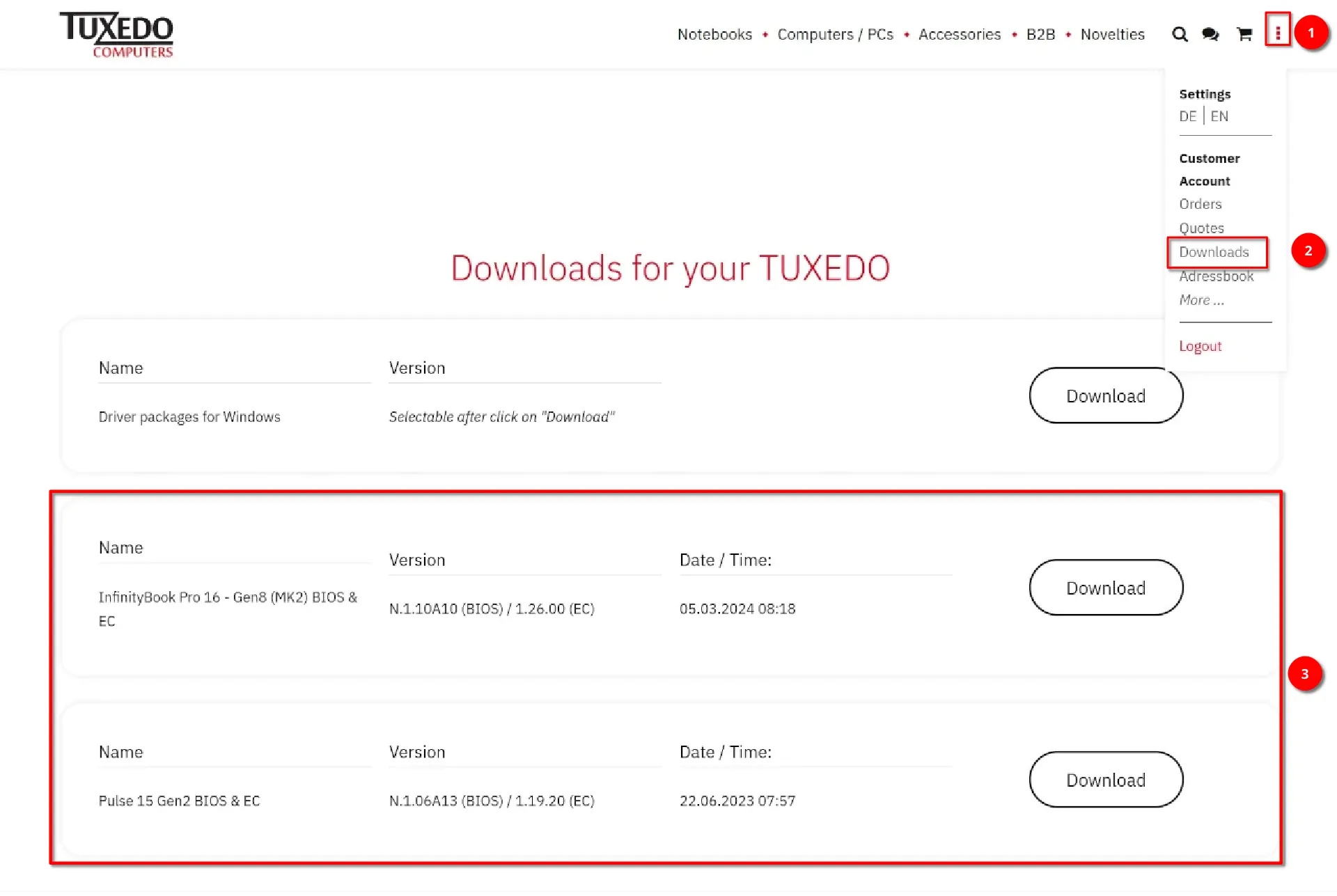 Downloading firmware update files for TUXEDO laptops.