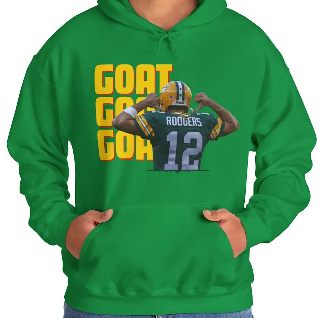 A Hoodie With NFL Player Aaron Rodgers Showing His Back and Text GOAT Printed Three Times