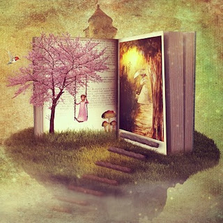 Image of an open book within a fantasy landscape, a girl standing on a swing attached to a cherry blossom tree on the left page, a woodland on the right, with steps leading from the book down onto a grassy hill.