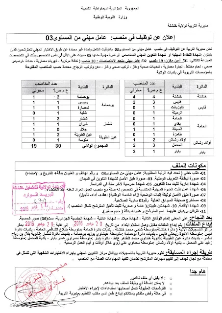 اعلان توظيف عمال مهنيين بمديرية التربية لولاية خنشلة ديسمبر 2016