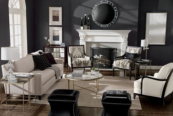 gorgeous black and white living room done tight, silver accents great layout