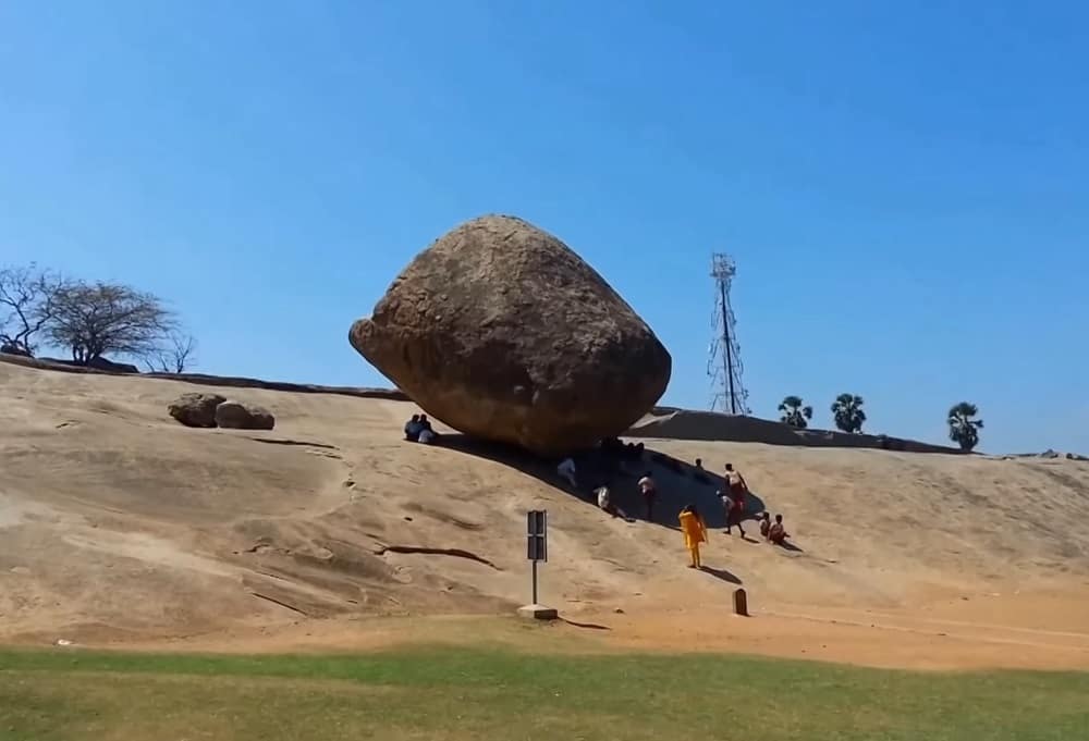 Krishna's Butter Ball - A Gigantic Balancing Rock Boulder Standing Inclined On A Slope