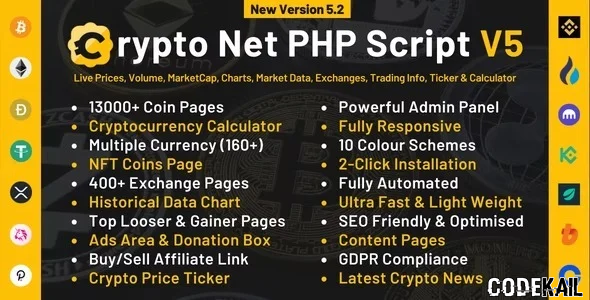 Crypto Net V5.2 - CoinMarketCap, Prices, Chart, Exchanges, Crypto Tracker, Calculator & Ticker PHP Script