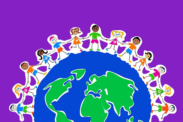 Drawn Image of Children Holding Hands Standing on Planet Earth