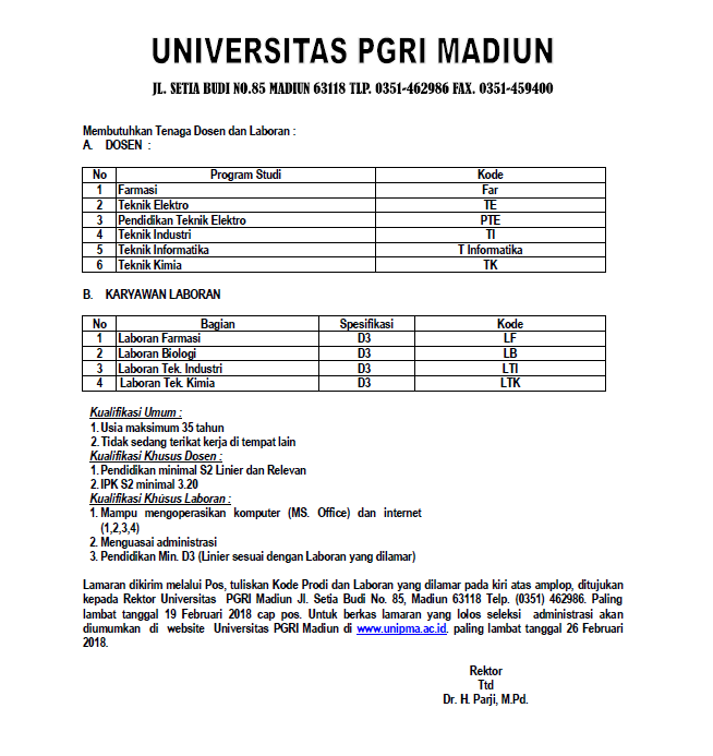 Lowongan Dosen & Laboran Universitas PGRI Madiun (UNIPMA)