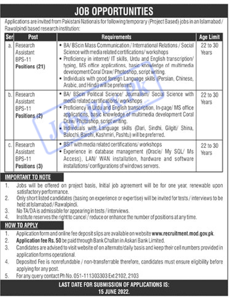 Latest Ministry of Defence Jobs 2022 Advertisement