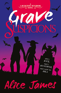 Cover for book "Grave Suspicions" by Alice James. In silhouette, against a pink-purple sky, a male and a female figure, the latter in skirt and hat, and a tombstone upon which rests an angel. Or is it a devil?