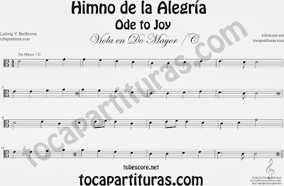 Partitura del Himno de la Alegría fácil en Do Mayor e instrumentos de Clave de Do Viola