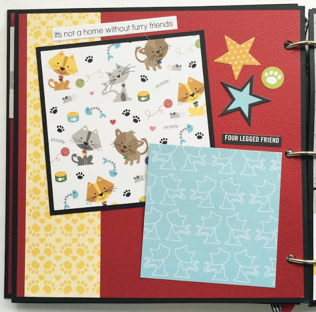 I love My Cat scrapbook album page with paw prints, cats, bones, stars, and tuna cans