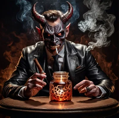 Satan smoking a cigar wearing a black leather Blazers sitting at a table with her flaming soul inside of a jar