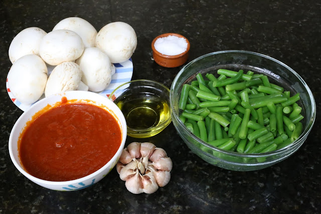 Ingredientes para salteado de champiñones y judías verdes