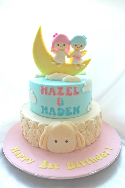 2 tier fondant cake little twin stars twins moon clouds cloud sheep little boy girl chucakes