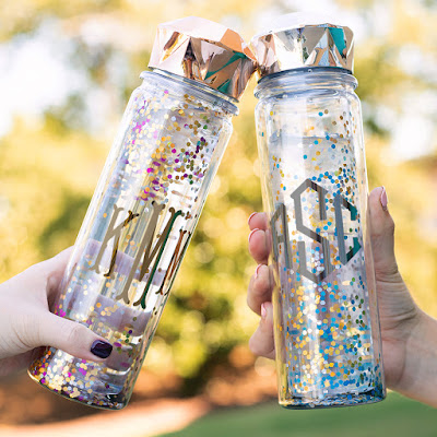 clear personalized glitter water bottles in gold and silver