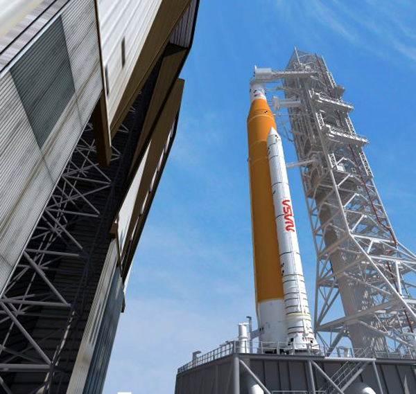 An artist's concept of the SLS rolling out of the Vehicle Assembly Building at NASA's Kennedy Space Center in Florida.