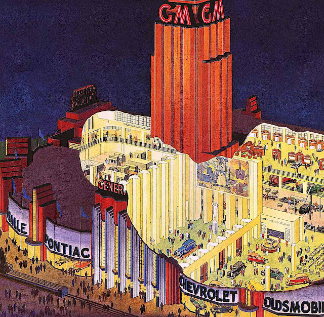 the General Motors pavilion at the 1933 World's fair, a color illustration