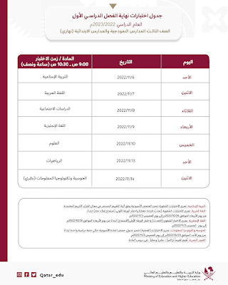 جدول اختبارات الصف الثالث- المدارس النموذجية والمدارس الابتدائية (نهاري)