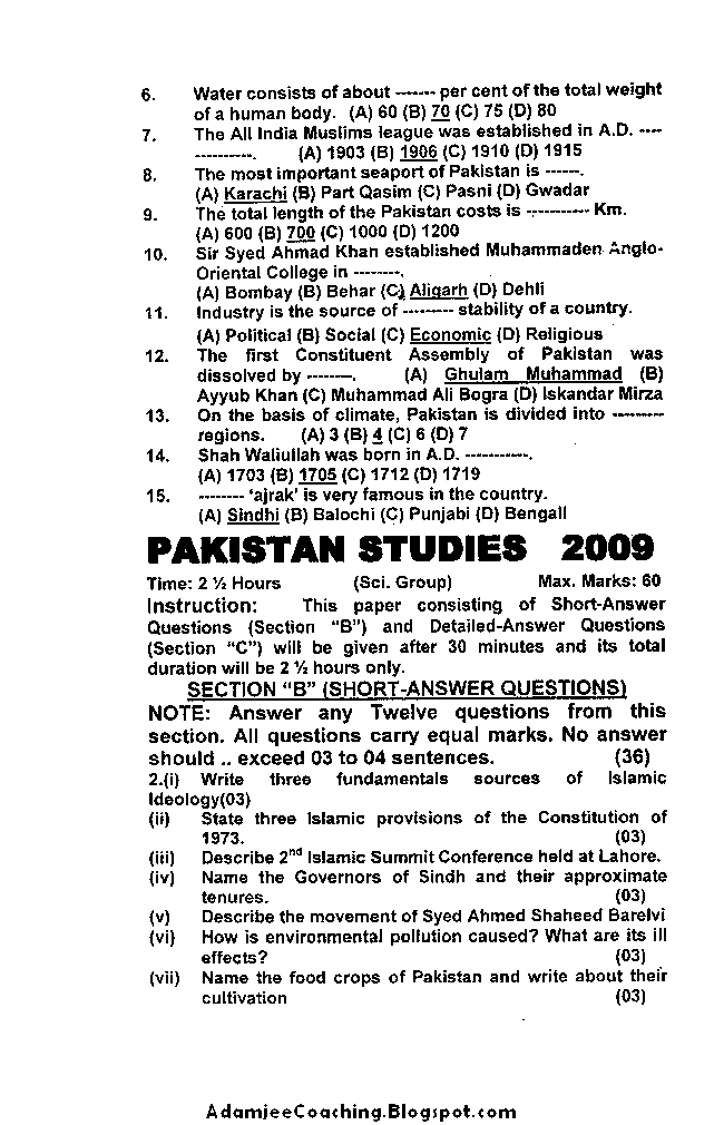 IX Pakistan Studies Past Year Papers