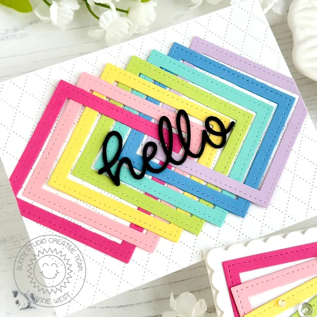Sunny Studio Stamps: Stitched Square Die Focused Cards by Leanne West (featuring Dotted Diamond Dies, Hello Word Dies)