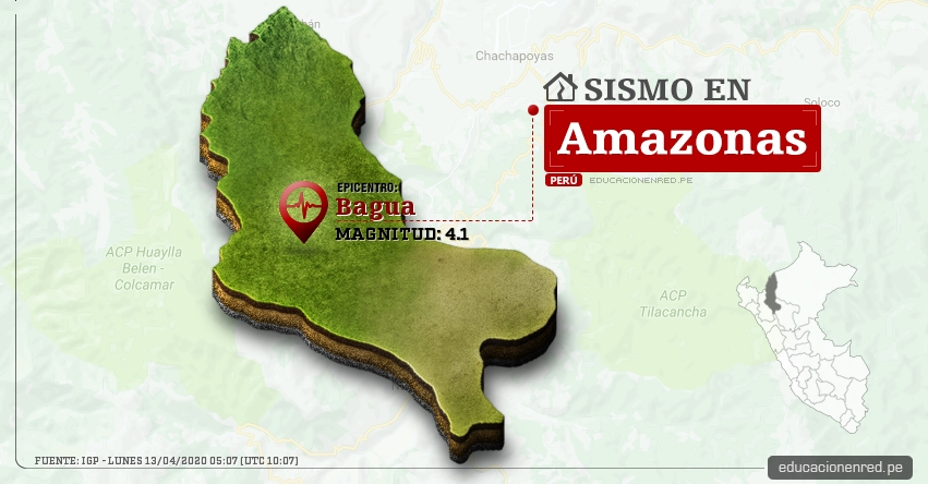 Temblor en Amazonas de Magnitud 4.1 (Hoy Lunes 13 Abril 2020) Sismo - Epicentro - Bagua - IGP - www.igp.gob.pe