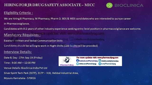 Bioclinica | Walk-in interview at Mysore for Freshers on 27 Sept 2019 | Pharma Jobs