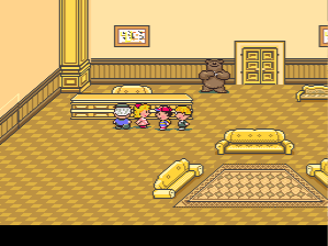 Ness and Jeff reunite with Paula atop the Monotoli Building in EarthBound.