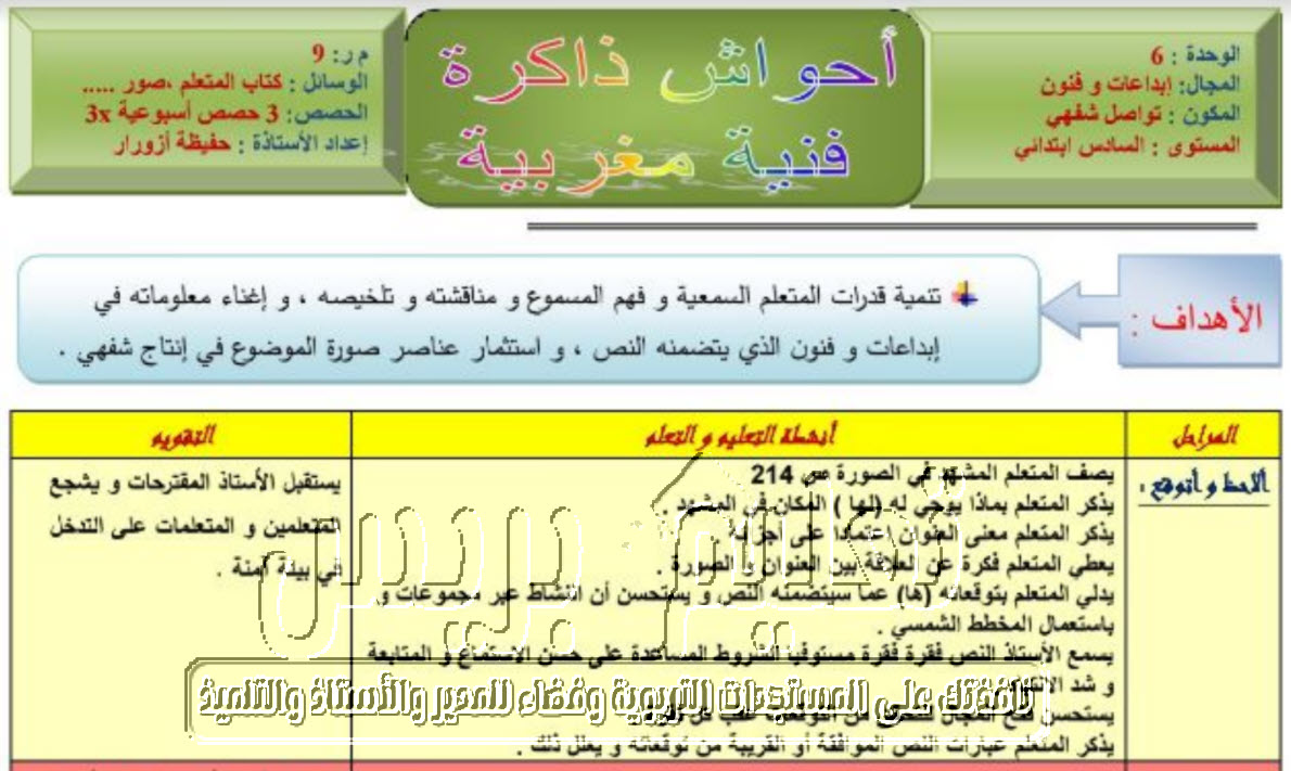 جذاذات الوحدة السادسة كتابي في اللغة العربية المستوى السادس