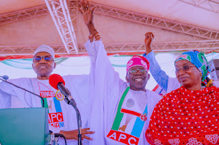 President Muhammadu Buhari; 2023 Presidential candidate of the ruling All Progressives Congress (APC), Asiwaju Bola Ahmed Tinubu; and the 2023 Adamawa Governorship candidate of the APC, Senator Aisha Binani, during the official flag off of the APC Presidential Campaign in Adamawa State