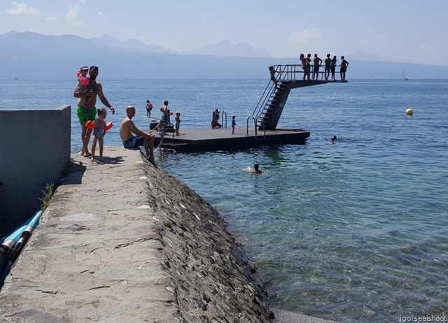 A lakeside park at Lutry is a good swimming spot with changing rooms, shady trees and sandy beaches.