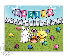 Sunny Studio Blog: Bunny & Chick with Basket and Egg Hunt Happy Easter Banner Card (using Chubby Bunny, Chickie Baby, Banner Basics & Spring Scenes Stamps)